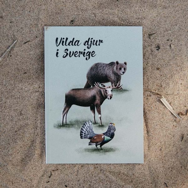 Framsida av boken Vilda Djur i Sverige illustrerad med en björn, älg och tjäder